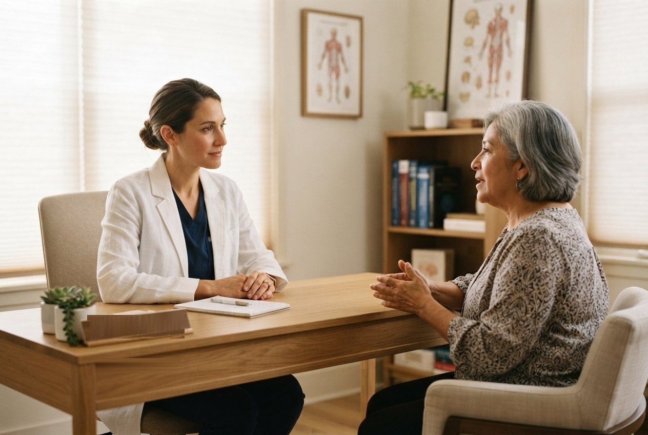 Physician listening attentively to a patient during a calm consultation in a sunlit clinical office